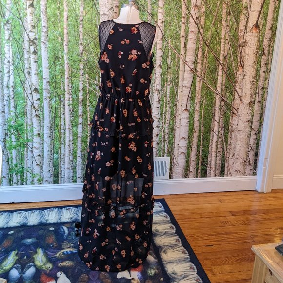 Sheer Dark Floral High Low Maxi Dress w Knee Length Slip - Picture 8 of 9